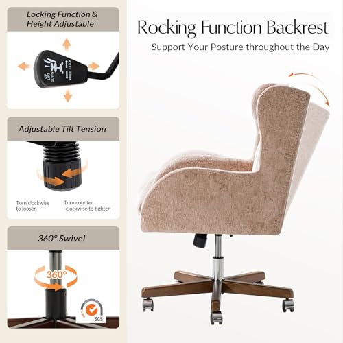 Image of HULALA HOME Modern Swivel Office Chair with Solid Wood Base, Sand | 360 Swivel Executive Task Chair with Button-Tufted, Adjustable Height Wingback Desk Chair, Wide Seat Computer Chair for Home