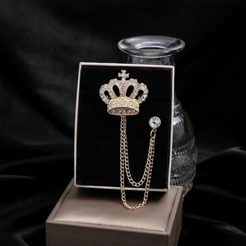 Image of coadipress Crown With Hanging Chain Brooch for Women Men Elegant Gentlemen Gold Silver Crystal Crown Lapel Pin Vintage Rhinestone Wedding Brooch Suit Shirt Pin Accessories