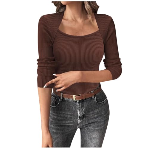 Womens Long Sleeve Sweater Square Neck Slim Fit Fashion Knit Tops Fall Winter Casual Comfort Pullover Undershirt Coffee