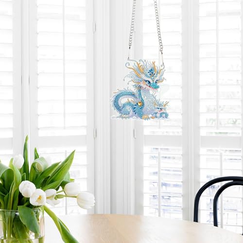 Image of AiYuanzsh Dragon Diamond Art Hanging Kit for Adults, 5D DIY Acrylic Diamond Painting Window Ornament with Special Shaped Rhinestones, Window Wall Decoration Gift
