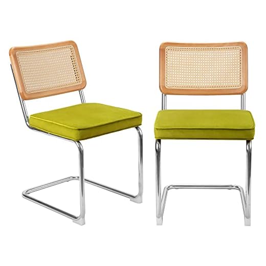 MeetLeisure Dining Chair Set of 2, Mid-Century Modern Chairs with Metal Chrome Legs, Armless Mesh Back Cane Chairs with Rattan Backrest Upholstered for Home Kitchen Dining Room, Green