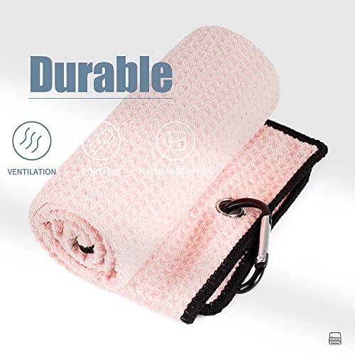 Mile High Life Microfiber Waffle Pattern Tri-Fold Golf Towel | Brush Tool Kit With Club Groove Cleaner, Retractable Extension Cord And Clip (Pink Towel+Pink Brush) #TOP1
