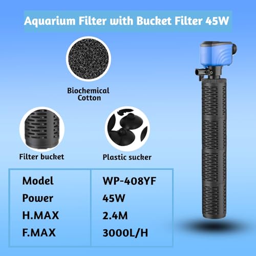 Image of Fish Tank Filter - Silent Internal Aquarium Filter for Clean Water, Air Pump, and Waves - Biochemical Filtration for Healthy Fish and Turtles (45W-3000L /H, Black)