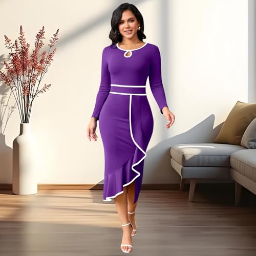 Image of Women's Elegant Church Vintage Bodycon Dress Casual Long Sleeve Work Business Pencil Split Sheath Midi Dresses