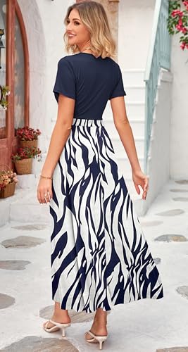Image of WNEEDU Women's Summer Maxi Dress Short Sleeves Wrap V Neck Long Dresses with Pockets