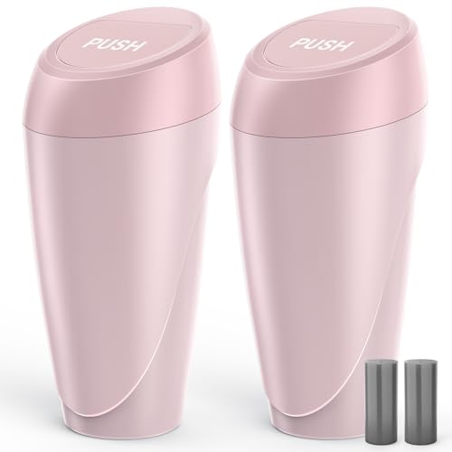 Aujen Car Trash Can - 2 Packs Car Accessories, Easy-to-Clean Garbage Can with Auto-Closing Lid, Litter Organizer and Storage with Disposable Bags, Trash Bin for Vehicle & Office, Pink, 3.5' × 7.7'