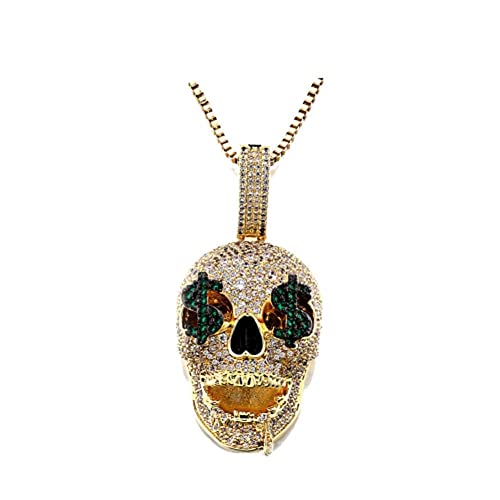Collar, colgante de calavera de Halloween helado, collar de hip hop, chapado en 18 quilates, circonita cúbica brillante, micropavé de diamantes de imitación para hombres y mujeres, joyería con cadena
