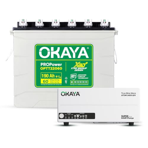 Image of Okaya Inverter with Battery Combo for Home,Office & Shops | ATSW 1400 12V Pure Sine Wave Inverter 1150VA with 36 Months Warranty & OPTT22060 190Ah XBD+ Certified TT Battery with 60 Months Warranty