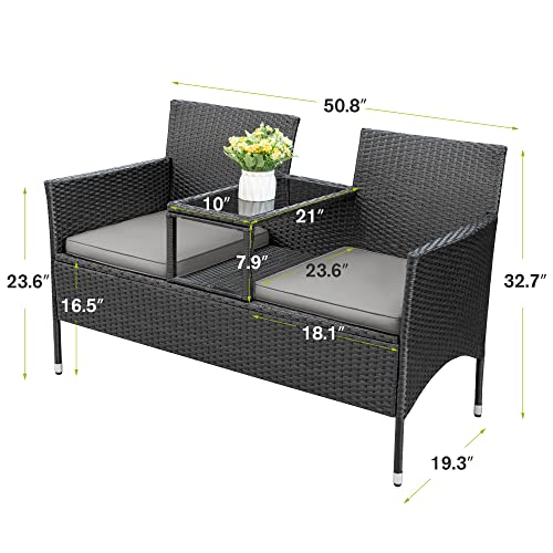 Flamaker Outdoor Furniture 2-Seat Wicker Patio Loveseat With Built-In Table And Cushions Rattan Porch Chairs Bench For Balcony, Lawn, Backyard (Grey) #TOP2