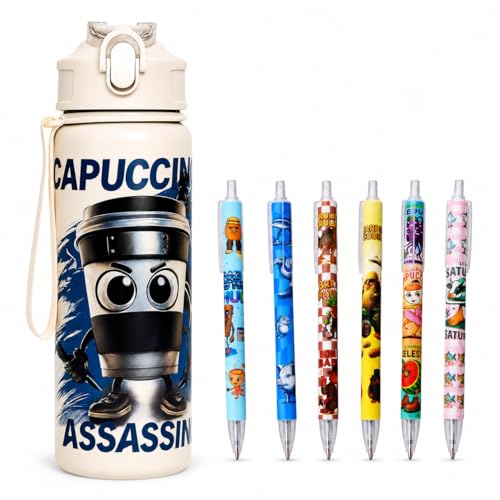 Image of Italian Brainrot Water Bottle 700ml with carry strap and secure flip lock lid for Kids & Adults, Tralalero Tralala- Inspired, Bottles, Gifts for Fans (Cappuccino Assassino Duo Pack)