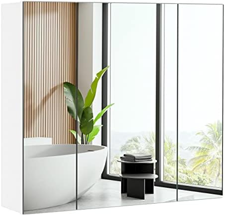 costoffs 3 Doors Bathroom Mirror Cabinet Wall Mounted Bathroom Storage Cupboard with Mirror Adjustable Shelf Cabinet for Bathroom Shower Room, Living Room, Laundry Room, Mudroom, White