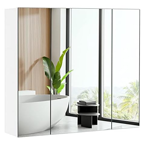 costoffs 3 Doors Bathroom Mirror Cabinet Wall Mounted Bathroom Storage Cupboard with Mirror Adjustable Shelf Cabinet for Bathroom Shower Room, Living Room, Laundry Room, Mudroom, White Cover