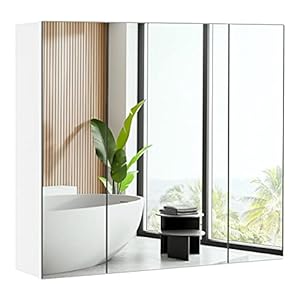 Yaheetech Spiegelschrank Badezimmerschrank mit 3 Spielgeltüren Aufbewahrungsschrank Wandschrank Medizinschrank Hängeschrank für Badezimmer 70, 5 × 15 × 60, 5 cm Weiß