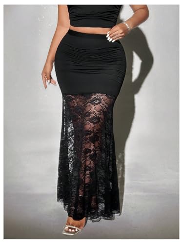 Floerns Women's Plus Size Floral Lace Maxi Skirts High Waist Fishtail Hem Long Skirts3