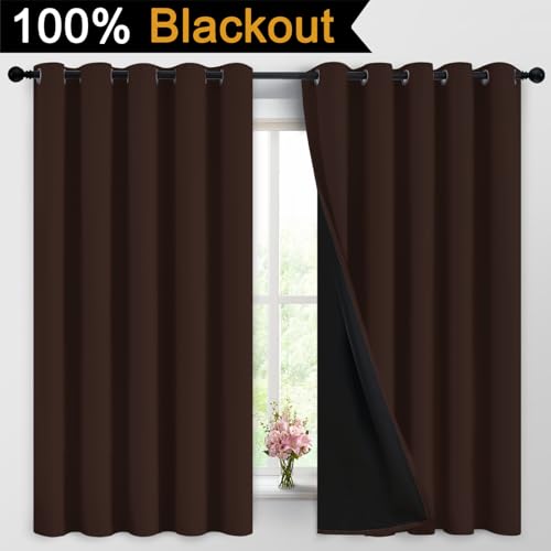Image of Yakamok Chocolate Brown Blackout Curtains 63 Inches Long 62 inch Wide, 2 Panels | Blackout Curtain Panels for Bedroom, 2 Thick Layers Grommet Top Thermal Insulated Drapes with Black Liner for Living Room