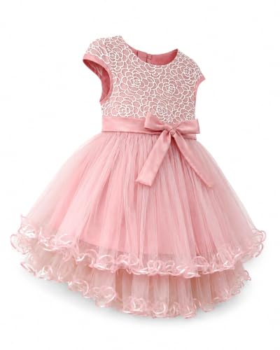 Image of PAMBERSTON Girls Pink Frock Dress | Lace Bodice Round Neck Dress with Bow Waist and Layered Net Skirt | Cute Casual Outfit | Perfect Frock for Parties, Birthday, Wedding