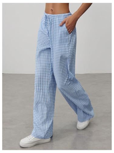 MakeMeChic Women's Y2k Gingham Plaid Wide Leg Pants Elastic Waist Drawstring Trousers3