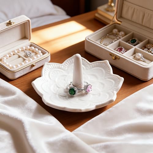 Image of Small White Mandala Ring Holder Dish, Trinket Dish Jewellery Holder Ring Stand, Ceramic Decorative Ring Holder, Gifts for Women, Female Friend, Birthday Christmas Wedding Valentines' Present