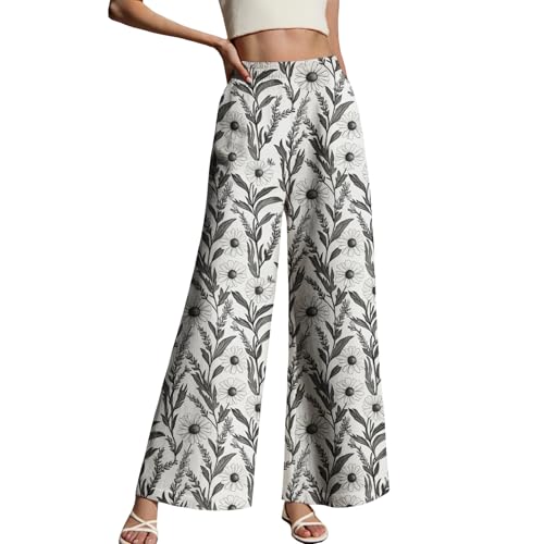 Womens Summer Wide Leg Pants Floral Print Elastic Waist Lightweight Bohemian Casual Trousers