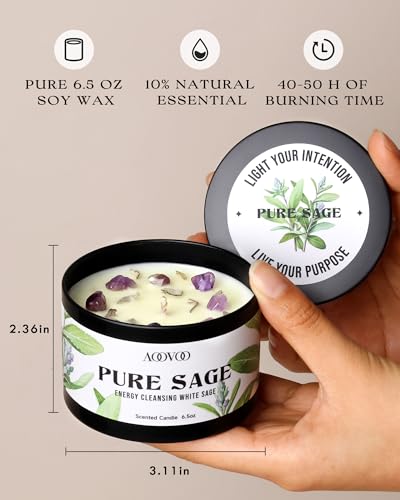 Image of AOOVOO 4 Pack Sage Candles - Sage, Palo Santo, Sage & Palo Santo, Eucalyptus Mint Candle Set with Crystals & Decor, 26oz 200 Hours Long Lasting, Non Toxic Candles for Spiritual House Energy Cleansing