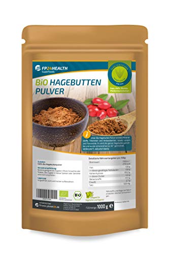 FP24 Health Bio Hagebuttenpulver 1kg - 100% Rohkost - Rosa Canina - Ökologischer Anbau - im Zippbeutel - Bio Hagebutten gemahlen - 1000g - Premium Qualität Cover