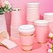 JarThenaAMCS 50Pcs Light Pink Disposable Coffee Cups with Lids and Sleeves 12Oz Foil Gold Border Pink Party Paper Tableware for Wedding Holiday Picnic Birthday Party Bridal Favor Coffee Beverage Tea