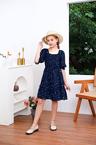 Girls Dress Sweet & Cute Puff Sleeve Square Neck Ruffle Whimsy Polka Dot Ruffle Swing Dress 5-14(11-12 Years)2
