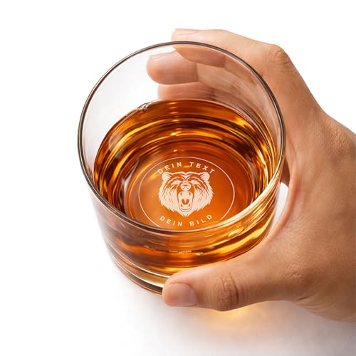 LOOXIS Personalisiertes Whiskyglas mit individueller Bodengravur - Name & Motiv 350ml 96x82mm extra dickes Bodeneis Gravur Digestifglas Whiskeyglas Geschenkidee Männer Vatertag- Eigenes Design