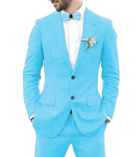 Linen Suit for Men 2 Piece Slim Fit Casual Beach Wedding Summer Groomsmen Linen Blazer Pants Suit Set