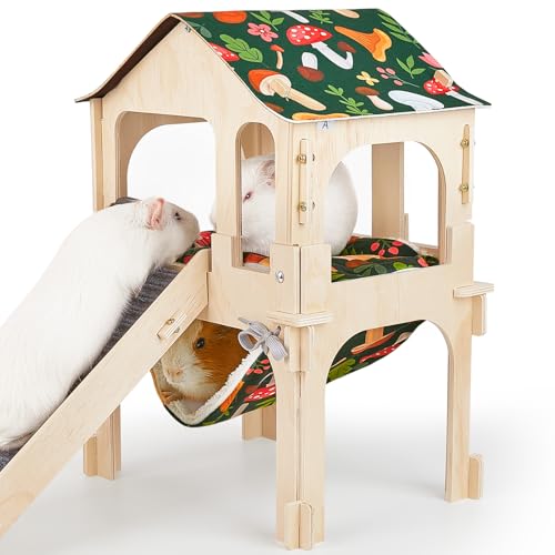 Bienbee Escondite de cobayas, Castillo Grande de Madera con Escalera, Hamaca y Alfombrilla, casa Desmontable de Dos Pisos para Conejos, hámster, Chinchilla, hurón, Conejos, cobayas, Accesorios