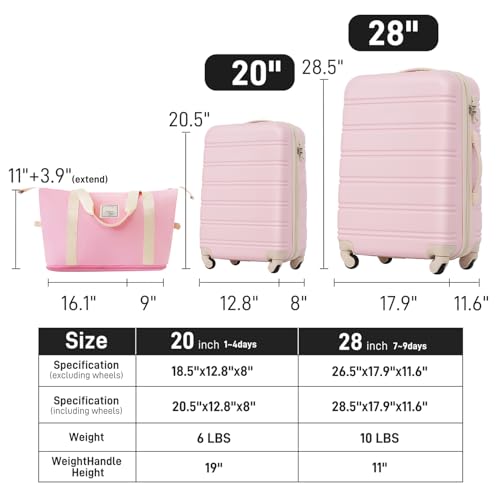 Luggage Set 2 Piece Suitcase Sets with Spinner Wheel,Lightweight Hardside Expandable Travel Laggage with TSA Lock,Suitcase with Travel Bag (Light Pink, 20" + 28")2