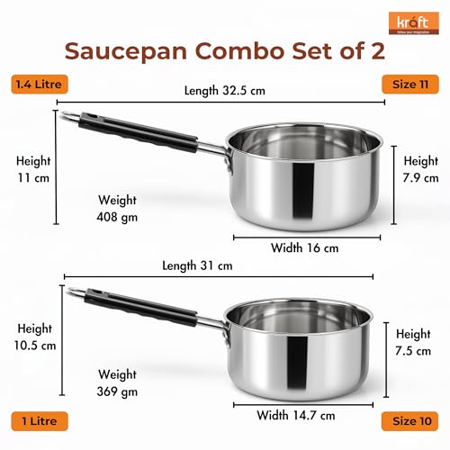 Image of Kraft Stainless Steel Saucepan Combo Set of 2-1 and 1.4 Litre, Durable and Versatile Sauce Pan for Tea, Riveted Sturdy Bakelite Handle, Induction & Gas Base, for Chai, Milk, Soup, Egg
