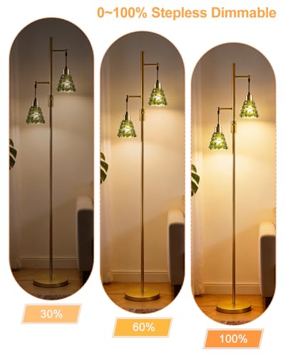 Image of 2-Light Modern Glass Floor Lamp, Gold Standing Tall Lamp with Green Shell Glass Shade, Dimmable LED Floor Lamp with 5Lbs Heavy Base for Living Room Bedroom Home Decor, Bulb Included