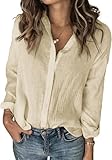 Cicy Bell Damen Button Down Bluse V Ausschnitt Langarmshirt Einfarbig Blusen Elegant Lässige Oberteile Beige M