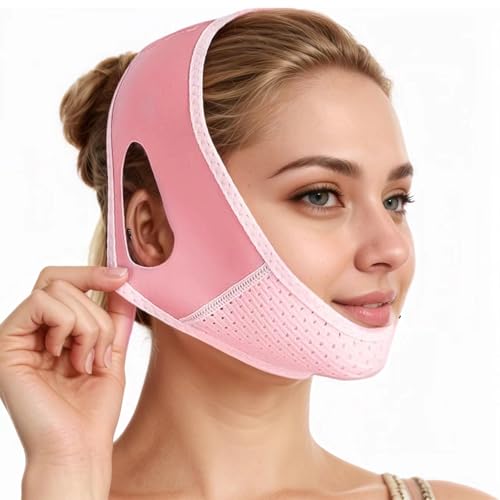 Máscara Lifting Facial Reutilizable, MáScaras Faciales En V, Papada Reductor Mujer, Para Papada Y Piel Facial FláCida, Ajustable, Rosa claro