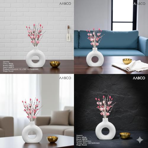 Image of Modern Ceramic Ring Vase with Pink Floral Stems, White, Decorative Flower Holder for Home (6 INCH)