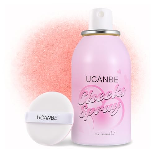 UCANBE Blush Spray with Puff, Hydrating Liquid Blush Mist for Cheeks - Soft Pigmented Buildable Blendable Breathable Blush, Healthy Dewy Glow Finish, Talc-Free, 02 Strawberry (1.16 oz)