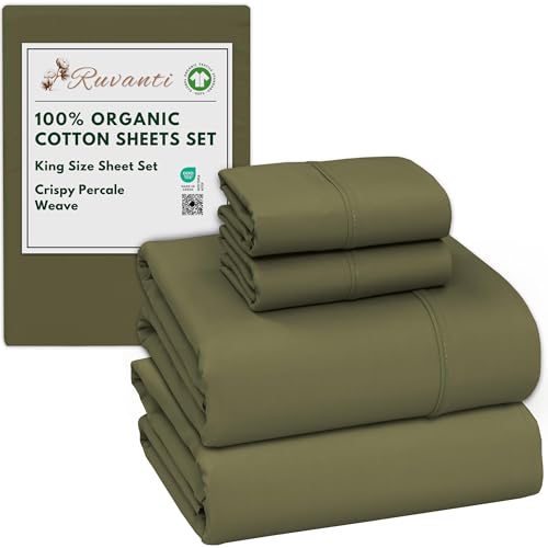 RUVANTI 100% Organic Cotton Sheets King Size, Percale Weave, GOTS
