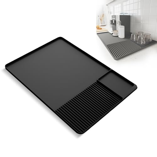 Silicone Coffee Mat, 24'' x 16'' Coffee Maker Mat with Raised Edges, Foldable Drainable Coffee Bar Accessories Fit Under Coffee Maker Espresso Machine for Kitchen Countertops (Black)