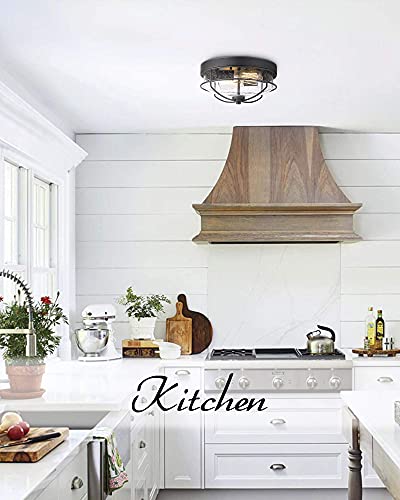Hwh Investment Flush Mount Ceiling Light Fixtures, 12 Inch 2-Light Farmhouse Close To Ceiling Light Fixture With Seeded Glass Shade, Sand Black Finish, 5Htj7-F Bk #TOP5