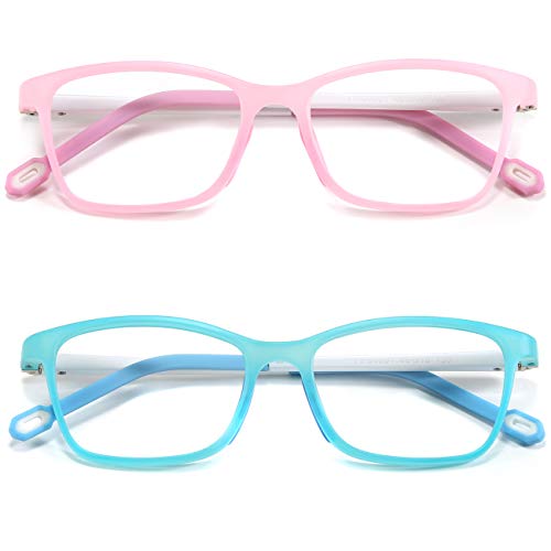 MARIDA Kids Blaulichtbrille, quadratischer Flexibler TR90-Rahmen, Anti-Blaulicht-Anti-Blend-Anti-Blend-Anti-UV-Alter 4-10 Blau + Pink Cover