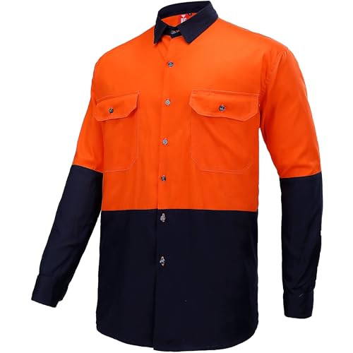 BIG BEE Hi-Vis Work Shirt, Cotton Long Sleeve Safety Workwear Orange/Navy Medium
