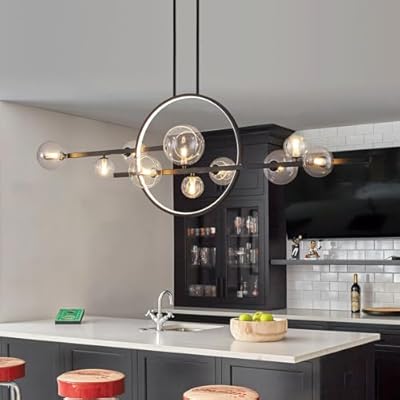 54" Kitchen Island Lighting,10-Light Chandelier with Glass Globe Shade,Black LED Dining Room Hanging Pendant Light Fixture with Adjustable Rods for Dinning Room Bar