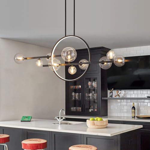 54.3" Kitchen Island Lighting,10-Light Chandelier with Glass Globe Shade,Black LED