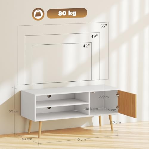 HOMCOM Mueble de TV Moderno Mueble de TV para Salón con 2 Compartimentos Abiertos 1 Puerta y Orificio para Cables para Televisión de 55 Pulgadas 110x40x50 cm Blanco y Natural - imagen 7