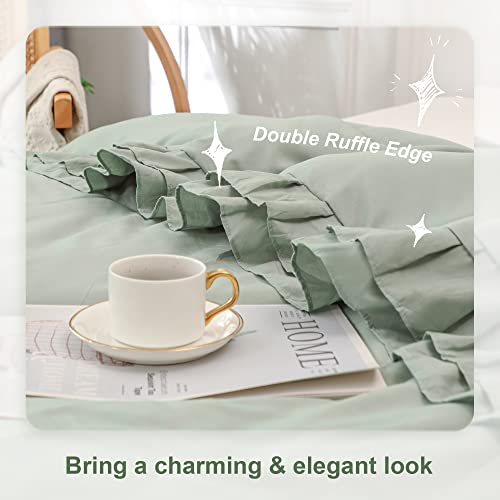 Yozen Sage Green Double Ruffle Comforter Set King Size (104X90 Inch), 3 Pcs Farmhouse Vintage Comforter Set (1 Ruffled Comforter And 2 Pillowcase), Rustic All Season Down Alternative Bedding Set #TOP1