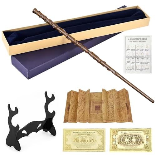 Lotvic Zauberstab Hermine Granger 39.5CM Hermine Zauberstab Elderstab in Geschenkbox mit Landkarte Fahrkarte und Zauberstabhalter Schwarz für Spielzeug Cosplay