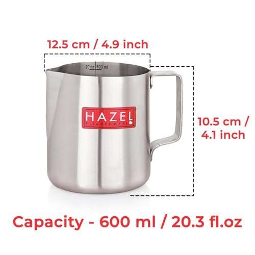 Image of HAZEL Stainless Steel Tea Coffee Milk Frothing Pitcher Serving Pot with Handle Spill Proof Pouring, 600 ML