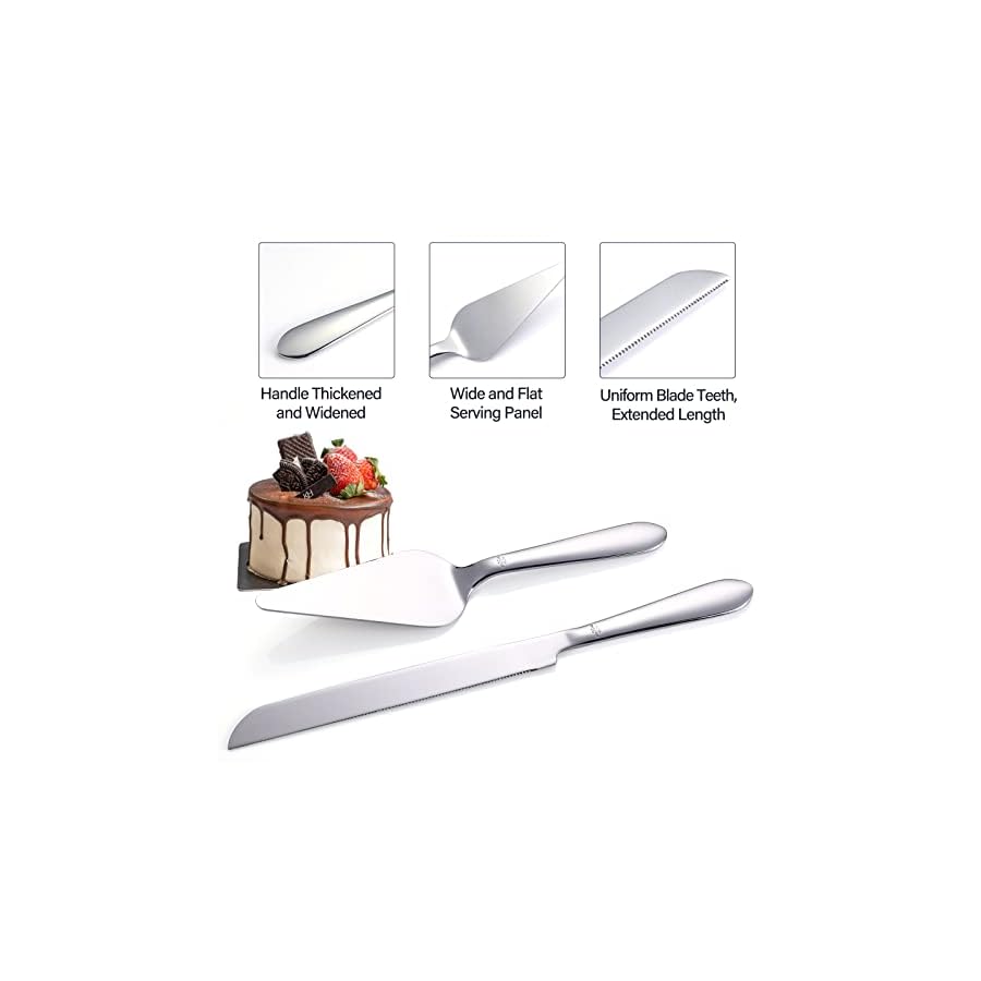 Cake Cutting Set for Wedding, Elegant Cake Knife and Server Set with Thickened Stainless Steel and Rounded Edges, Cake Cutter and Pie Spatula for Birthday Anniversary Christmas Gift Set of 2, Silver