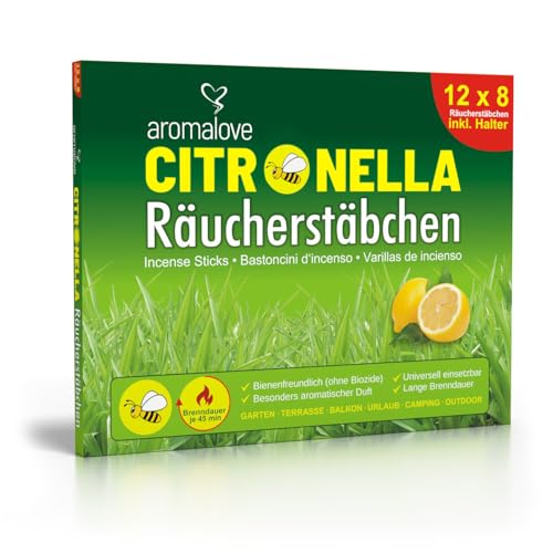 Aromalove Set aus 12 Packungen Citronella Räucherstäbchen + Räucherstäbchenhalter für Garten Outdoor Camping, Alternative zur Fackel Kerze Lampe Spirale oder Räucherkerzen